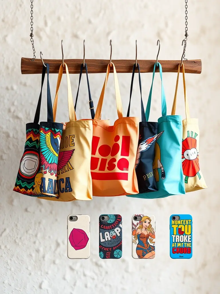 A collection of custom-printed tote bags and phone cases with various designs, highlighting the versatility of Printsy Bits' accessory printing services.