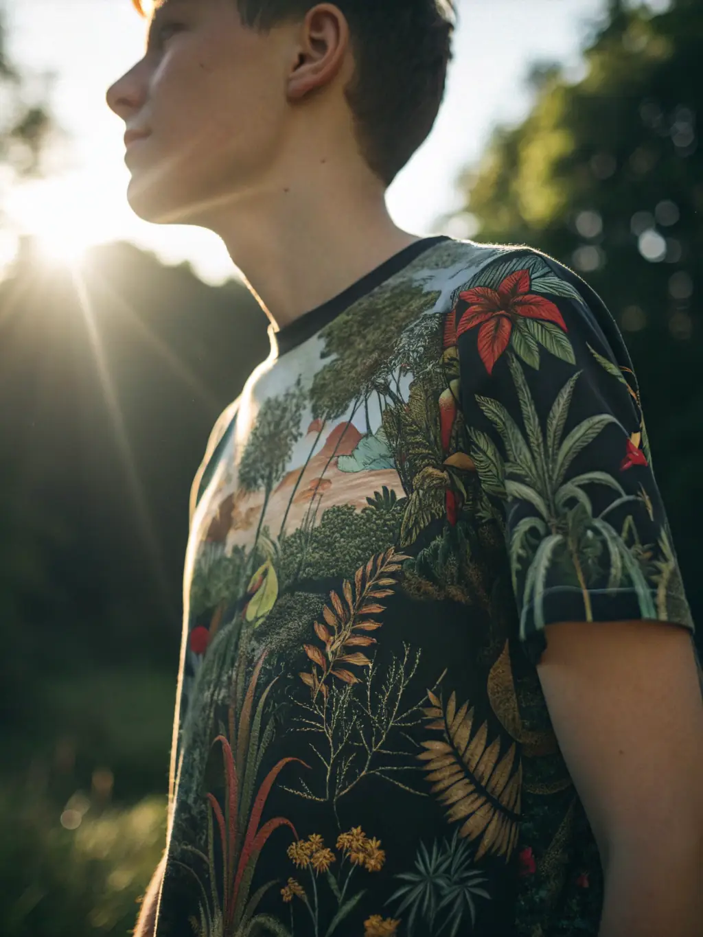 A close-up shot of a custom-printed t-shirt with a vibrant, nature-inspired design, showcasing the high-quality print and fabric.