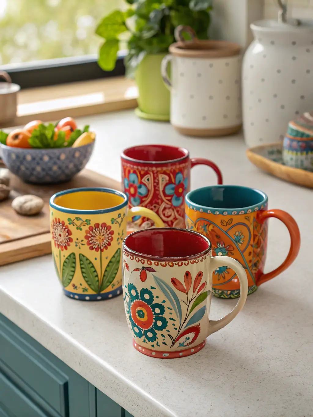 A set of custom-printed mugs with different designs, including a family photo and a motivational quote, showcasing Printsy Bits' personalized gift options.